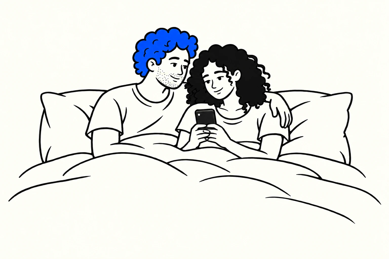 An adult couple relaxing together in bed, smiling at a phone, with his arm around her.