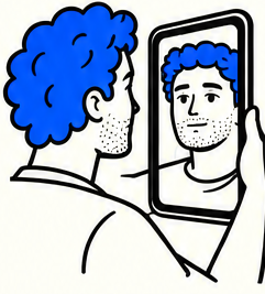A man looking at his reflection on his phone